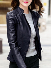 Band Collar  Zips  Plain PU Leather Biker Jacket